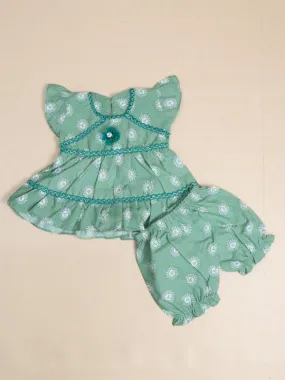 3Mth - 12Mth Sea Green Lace Printed Cotton Frock For Newborn D-01 NBS146