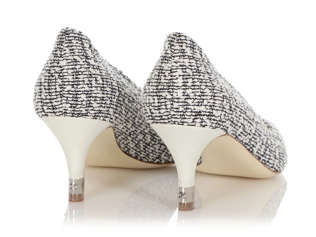 Chanel White and Black Tweed Capped Toe Pumps