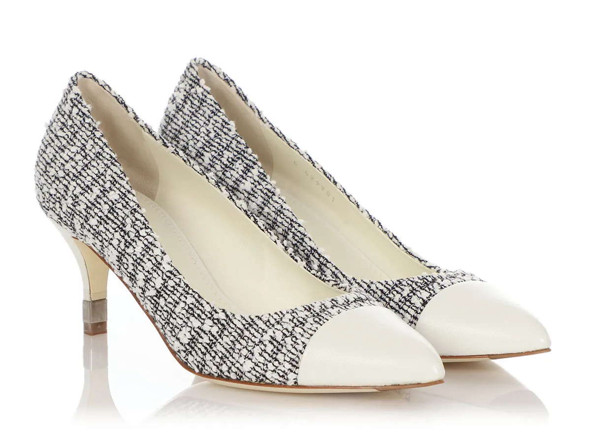 Chanel White and Black Tweed Capped Toe Pumps