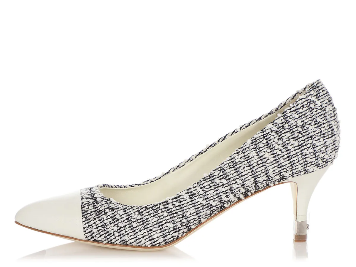 Chanel White and Black Tweed Capped Toe Pumps