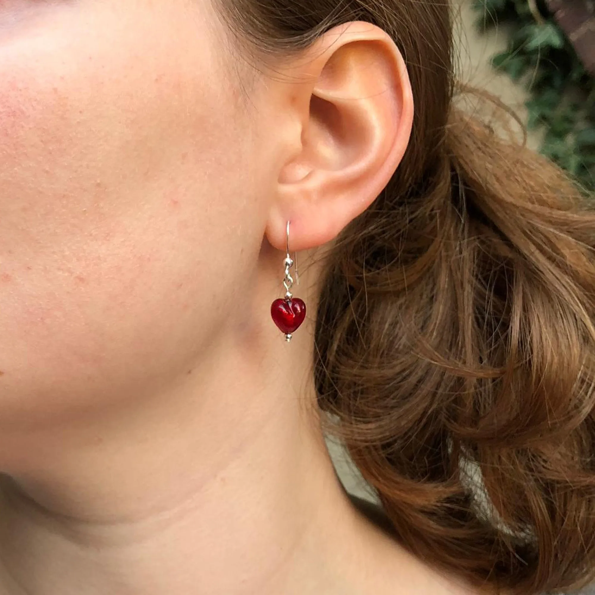 Earrings with red Murano glass mini heart drops on silver or gold hooks