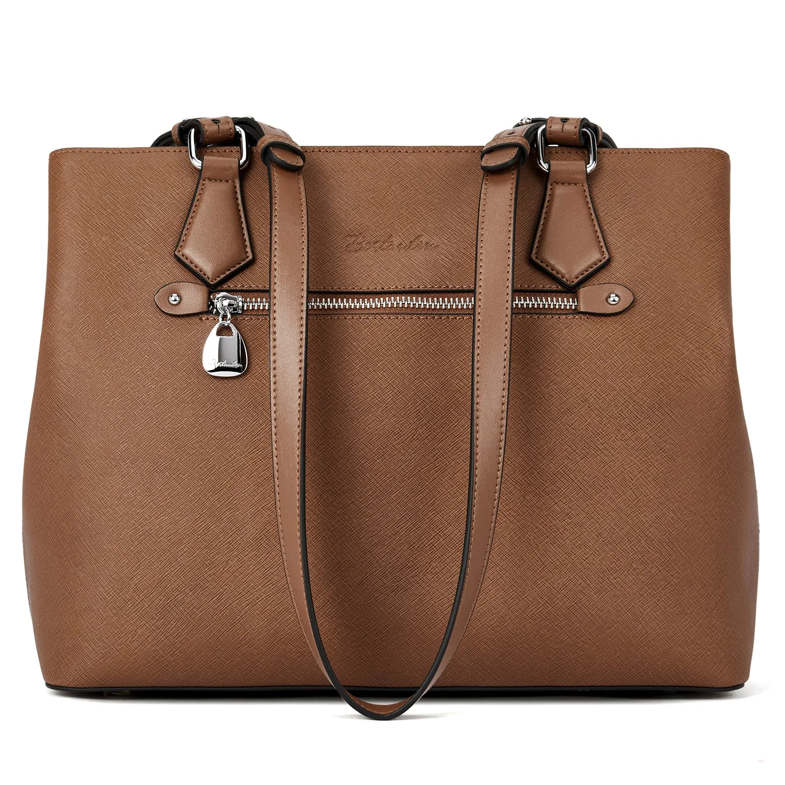 Nevin Structured Leather Shoulder Tote Bag - Front Zipper Pocket