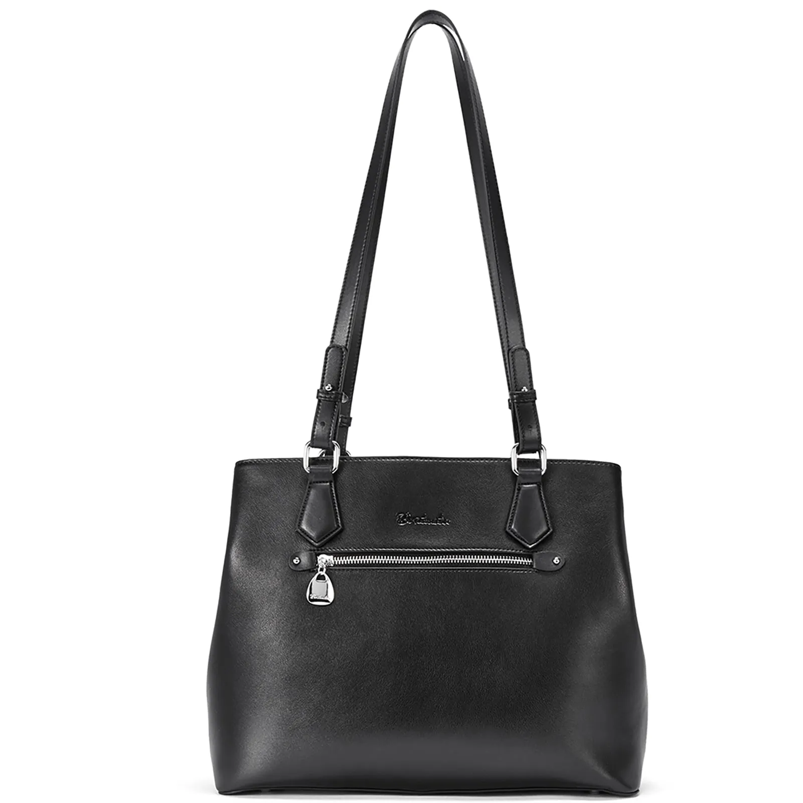 Nevin Structured Leather Shoulder Tote Bag - Front Zipper Pocket