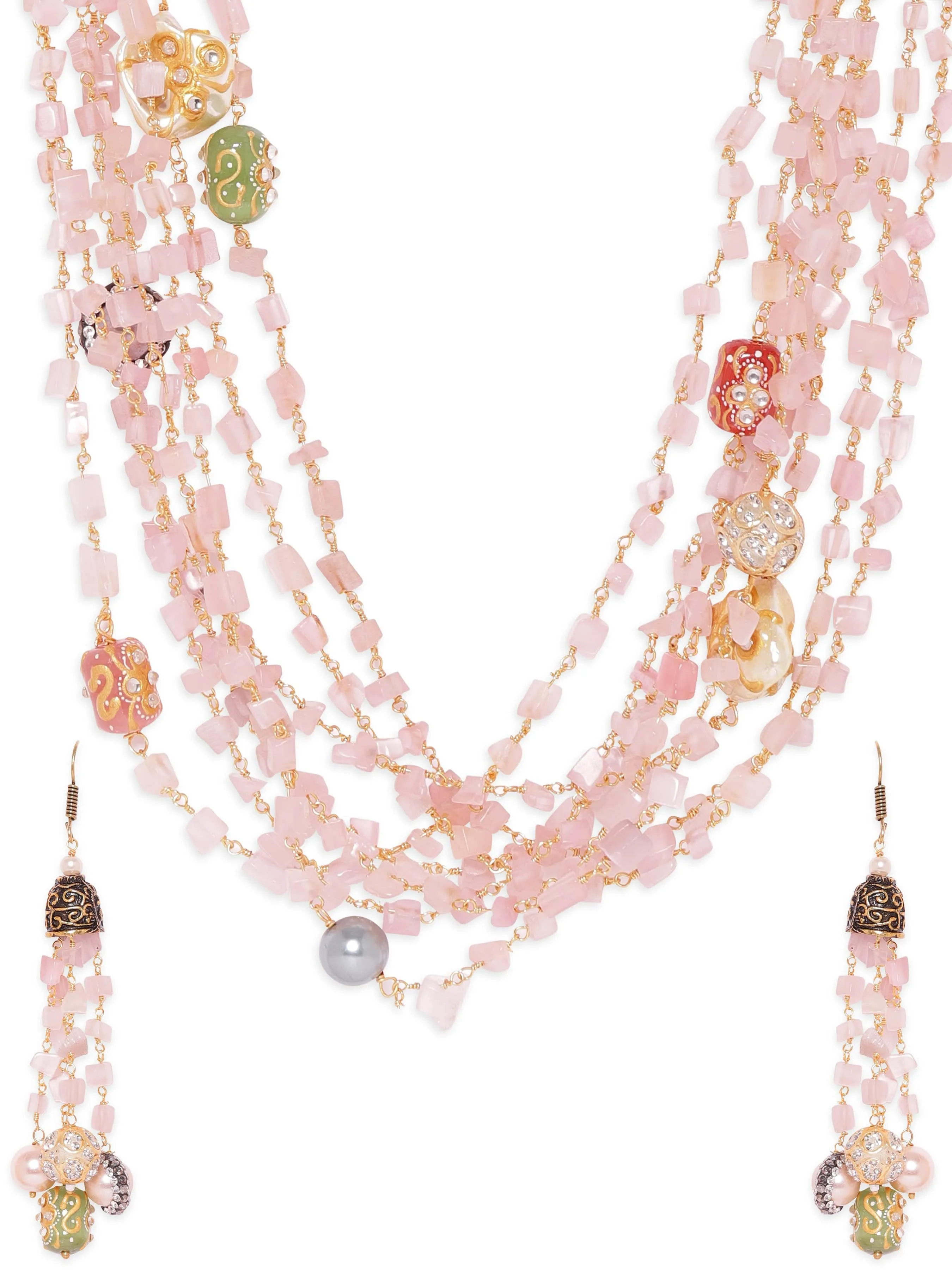 Rubans 22K Gold plated Rose Quartz Semi precious Gem Beaded Zirconia studded Multilayer Statement Necklace Set.