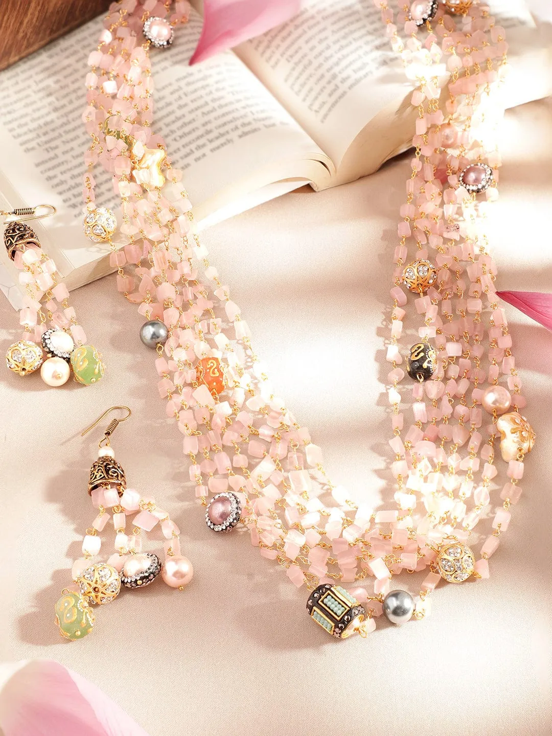 Rubans 22K Gold plated Rose Quartz Semi precious Gem Beaded Zirconia studded Multilayer Statement Necklace Set.