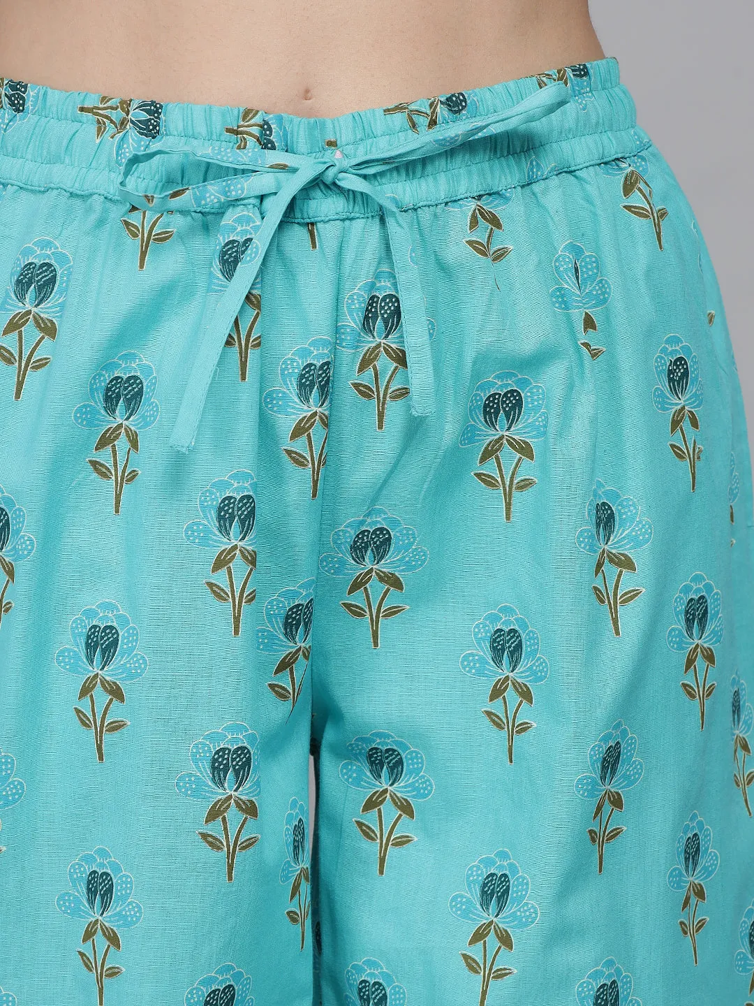 Sea Green Women's Floral Cotton Pyjama