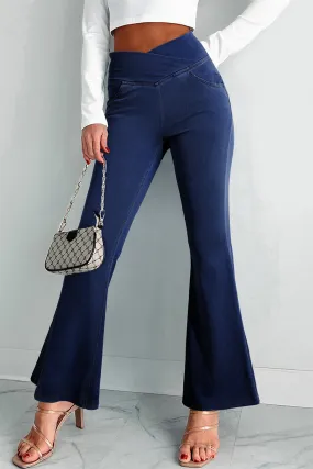 Solid Crossed High Waist Fit Flare Jeans