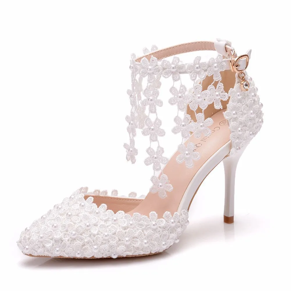 White Lace Flower Tassel Wedding Shoes