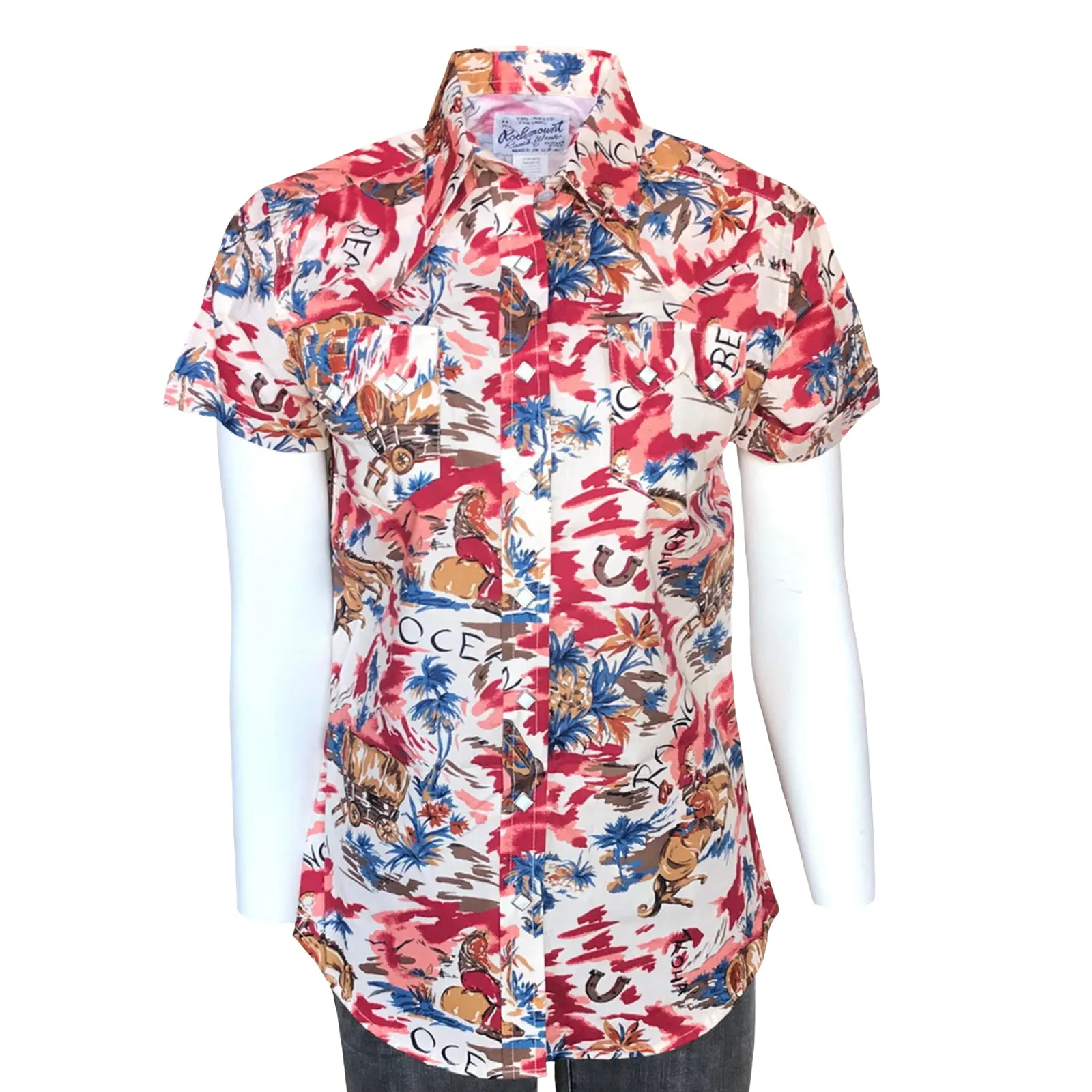 Women’s Red Western Hawaiian Print Short Sleeve Shirt